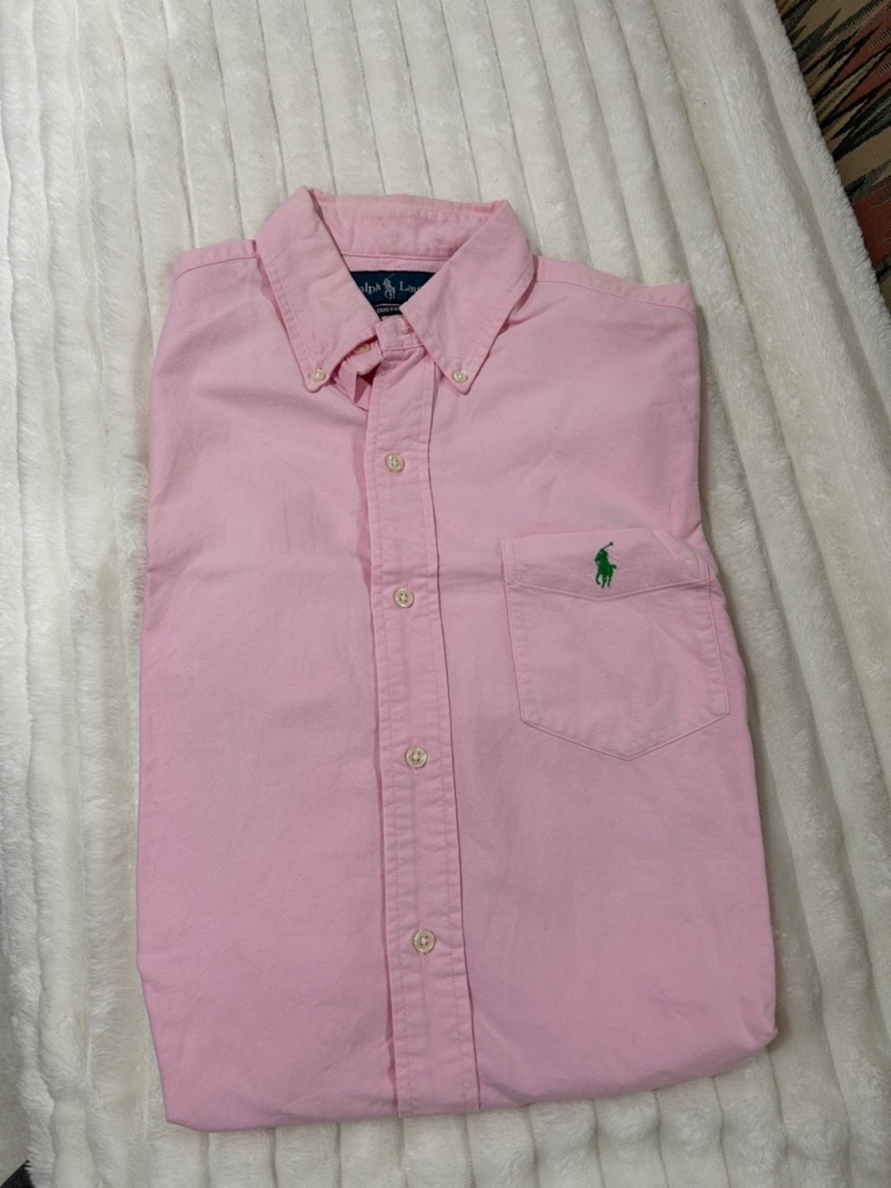Ralph Lauren Men's Pink Button-Down Oxford Shirt with Green Polo Logo